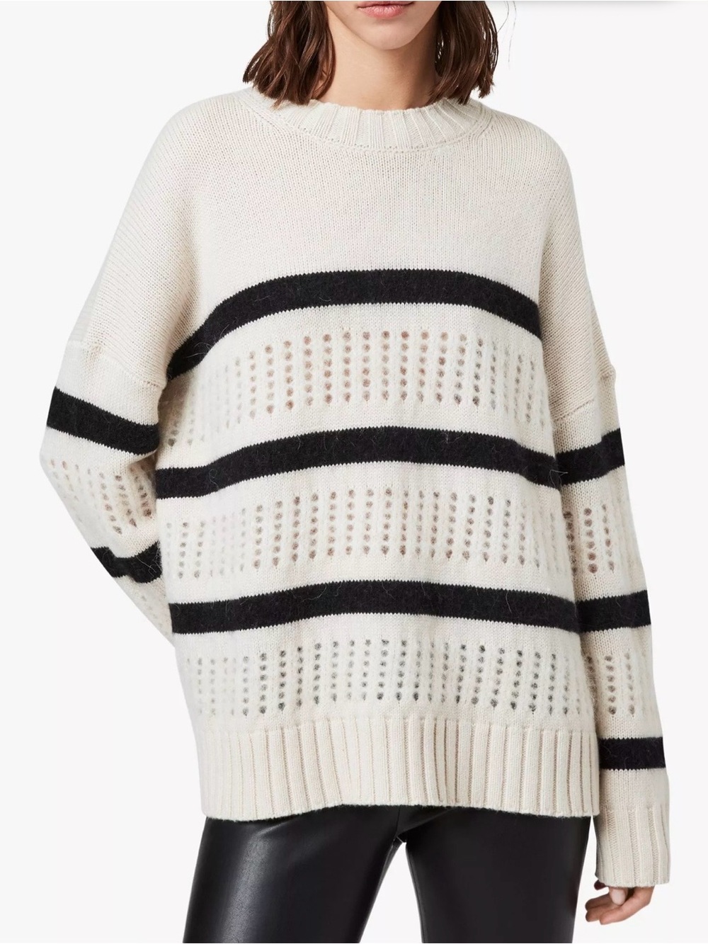 AllSaints Siddons Stripe Open Stitch Jumper, Ecru/Black